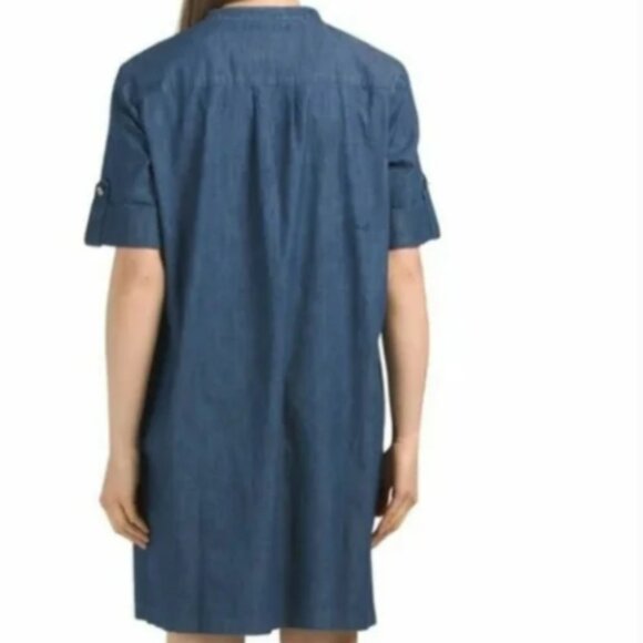 NEW Anne KLein STEFFI Dress Sz 2 Blue Chambray Denim Silver Zipper Roll Tab SLv - Picture 7 of 7